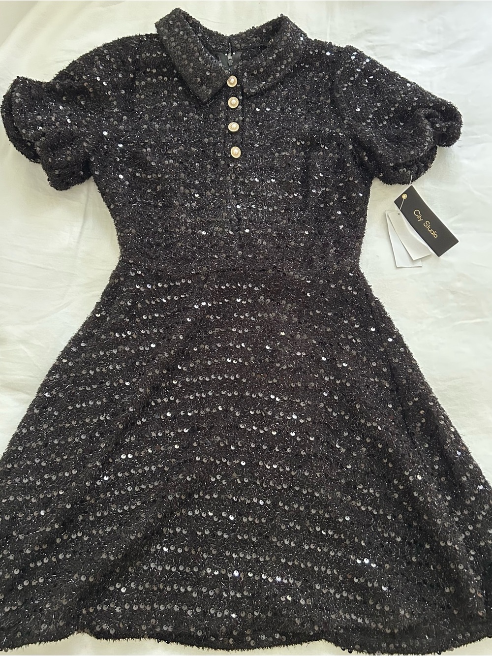 NWT City Studio Black Sequin Puff-Sleeve Collared Dress